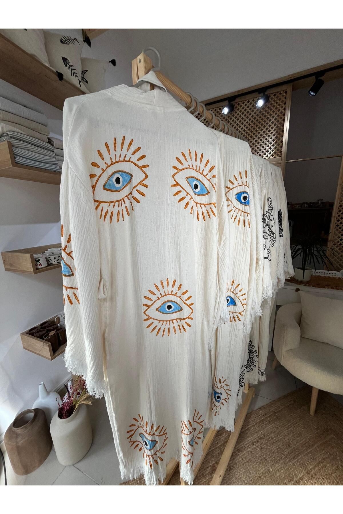 %100 Pamuklu Göz Desenli Müslin Kimono Yeni Nesil Bornoz Kaftan Sabahlık - El Baskı