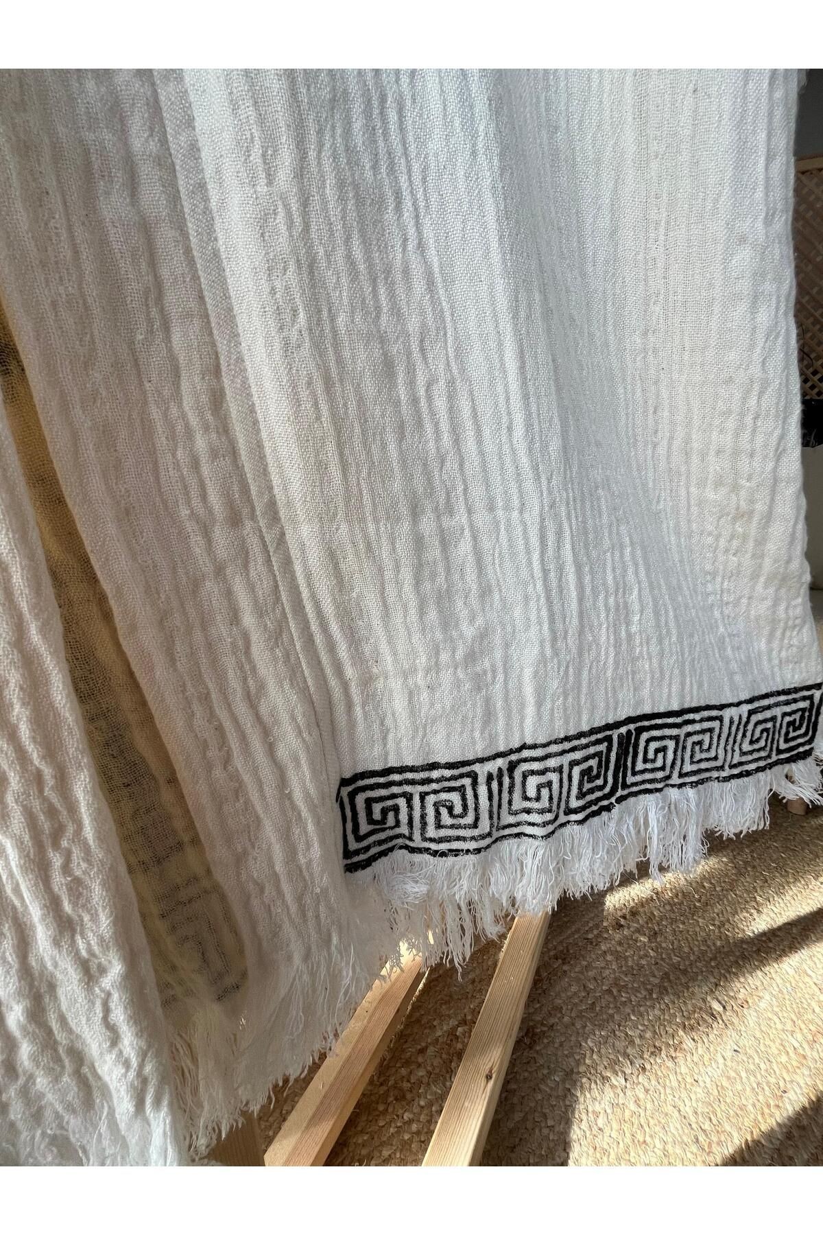 %100 Pamuklu Etnik Desenli Müslin Kimono Yeni Nesil Bornoz Kaftan Sabahlık - El Baskı