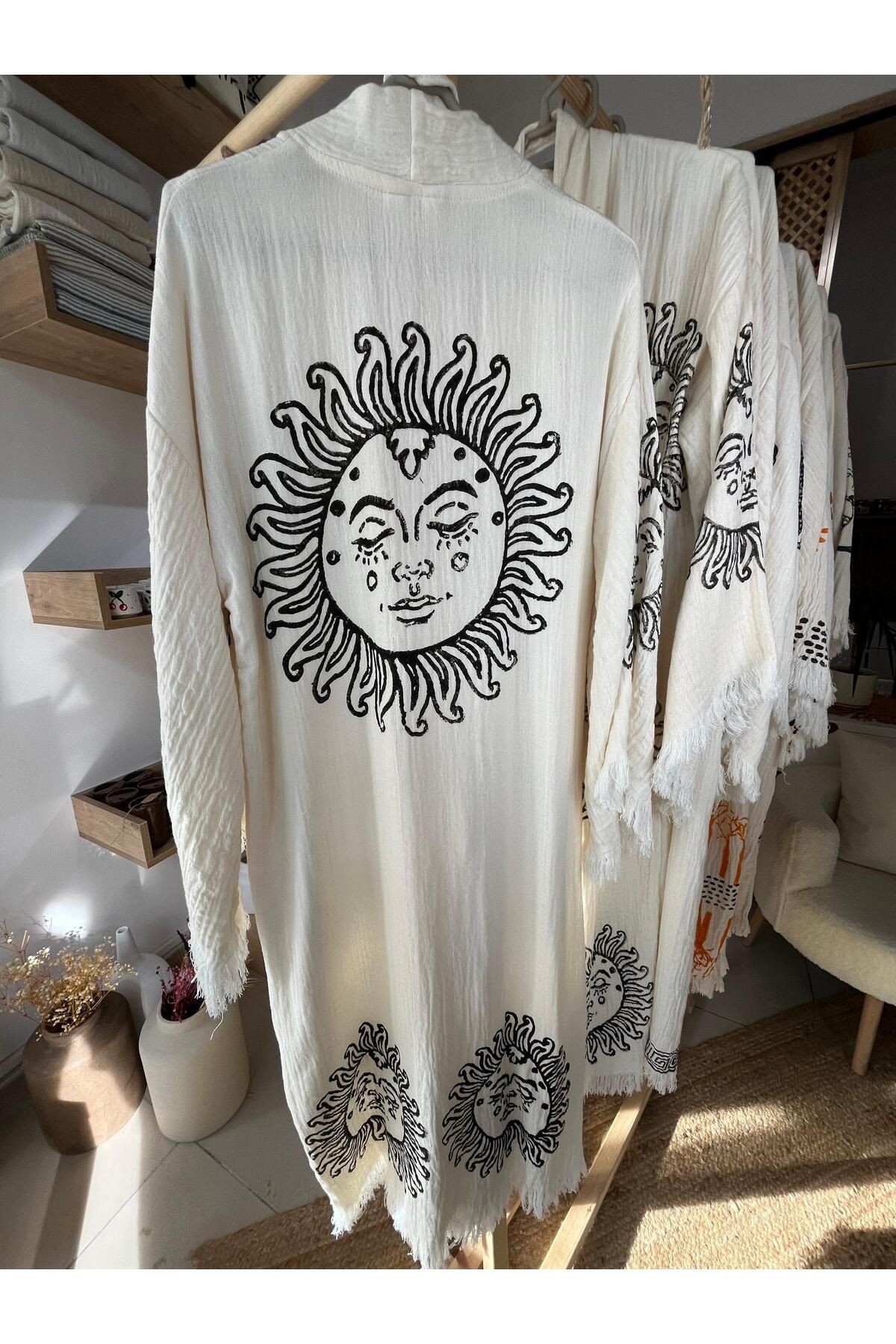 Anika %100 Pamuklu Güneş Desenli Müslin Kimono Yeni Nesil Bornoz Kaftan Sabahlık - El Baskı