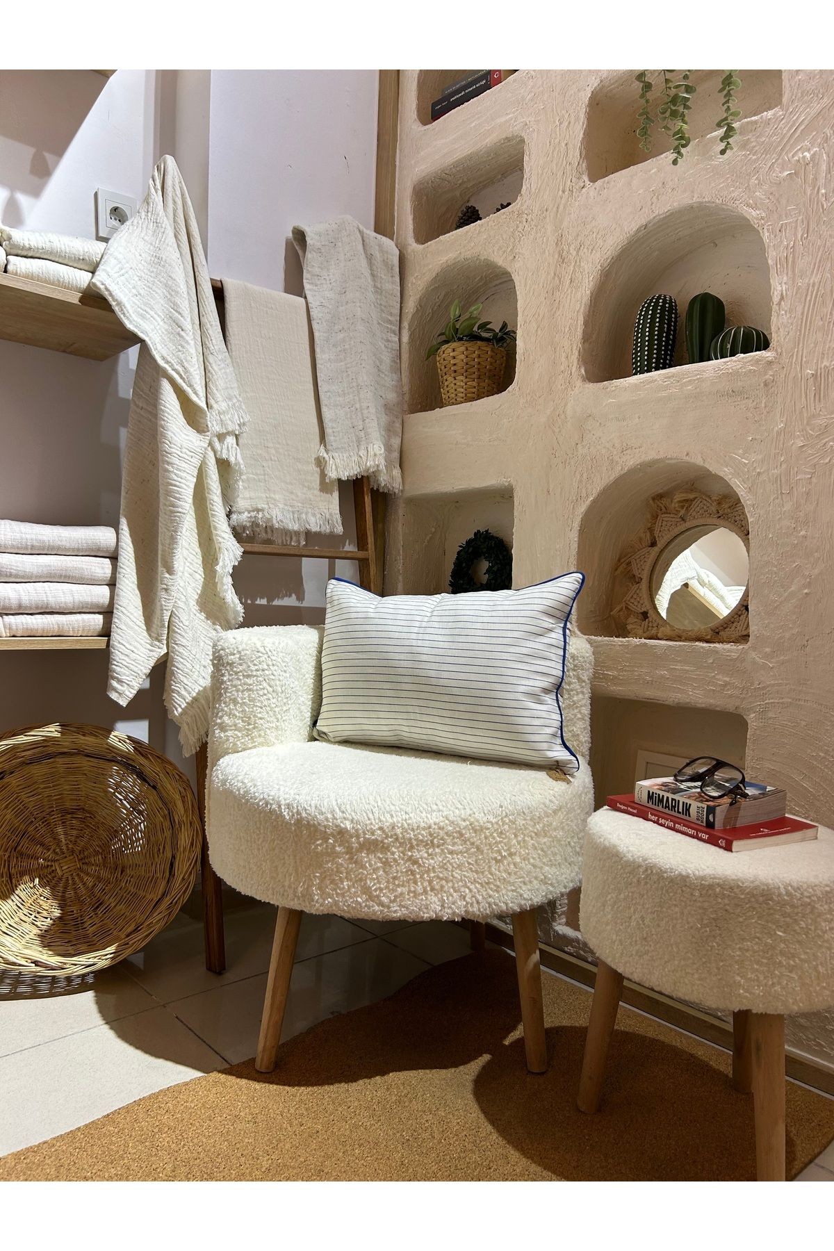ANİKA Home Keten Kırlent Kılıfı / Biyeli / lacivert / Yatay Çizgili
