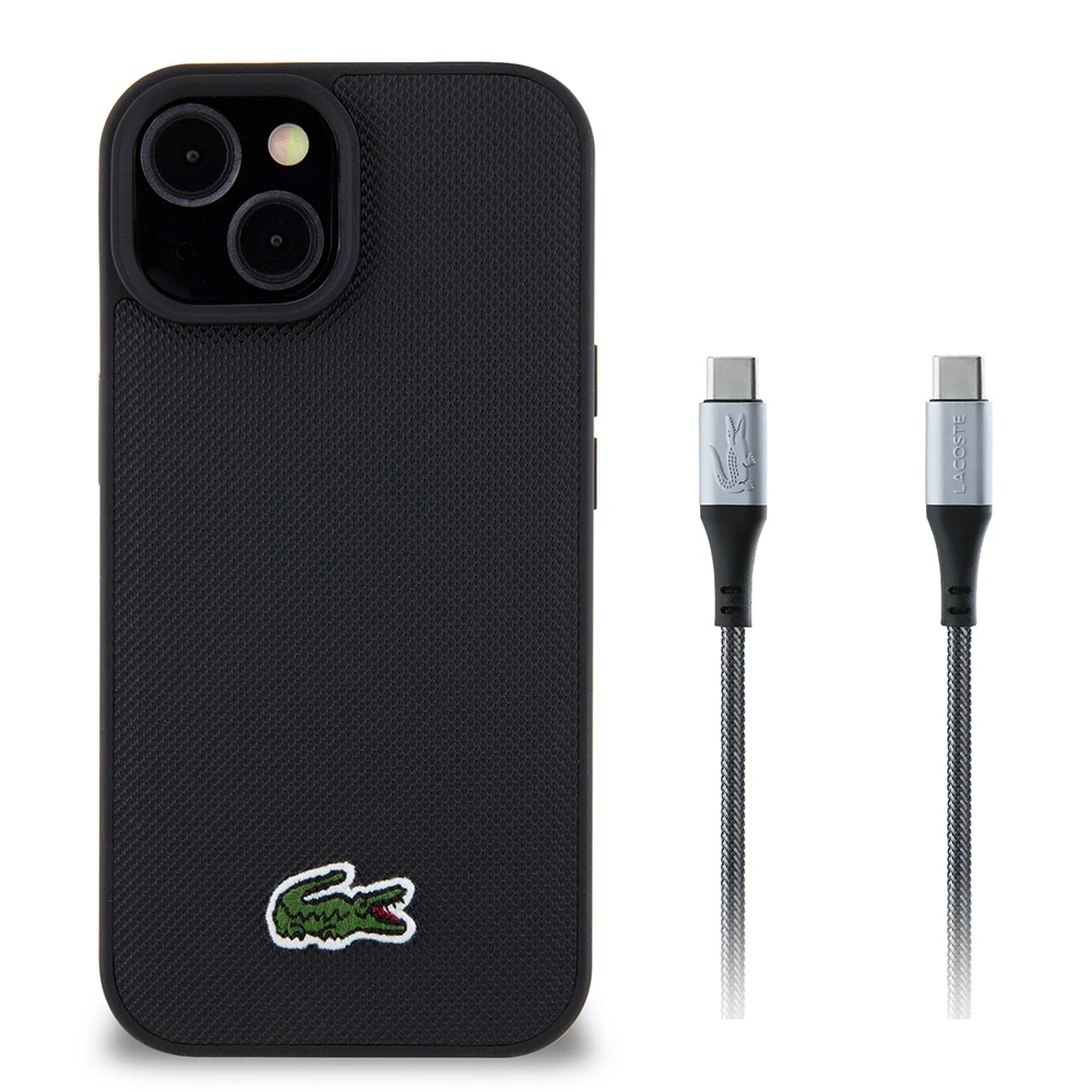Apple iPhone 15 Kılıf Lacoste Orjinal Lisanslı PU Pike Desenli Arka Yüzey İkonik Timsah Dokuma Logolu Kapak + Type-C Kablo 1.5m