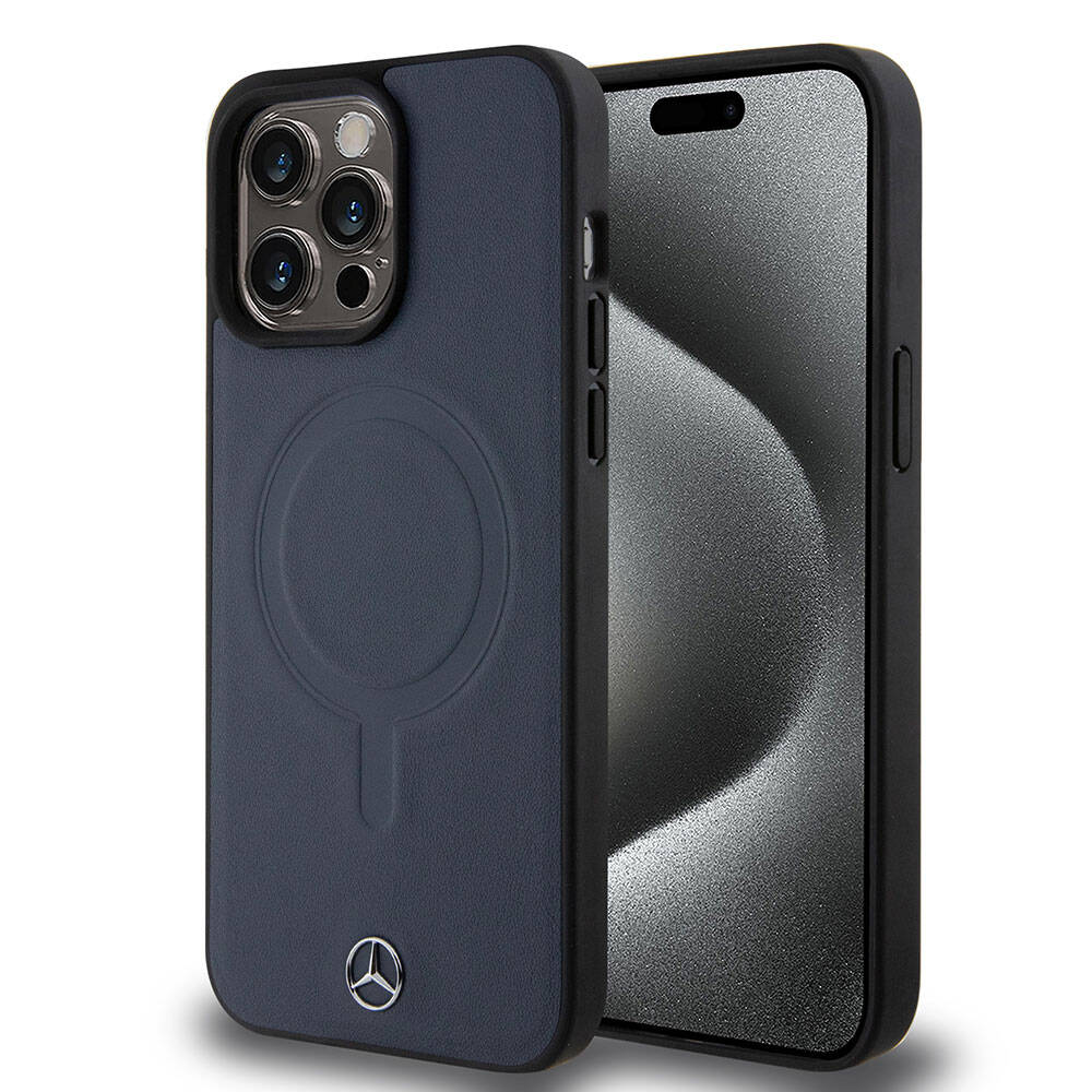 Apple iPhone 15 Pro Max Kılıf Mercedes Benz Orjinal Lisanslı M-safe Şarj Özellikli Metal Yıldız Logolu Pürüzsüz Deri Kapak
