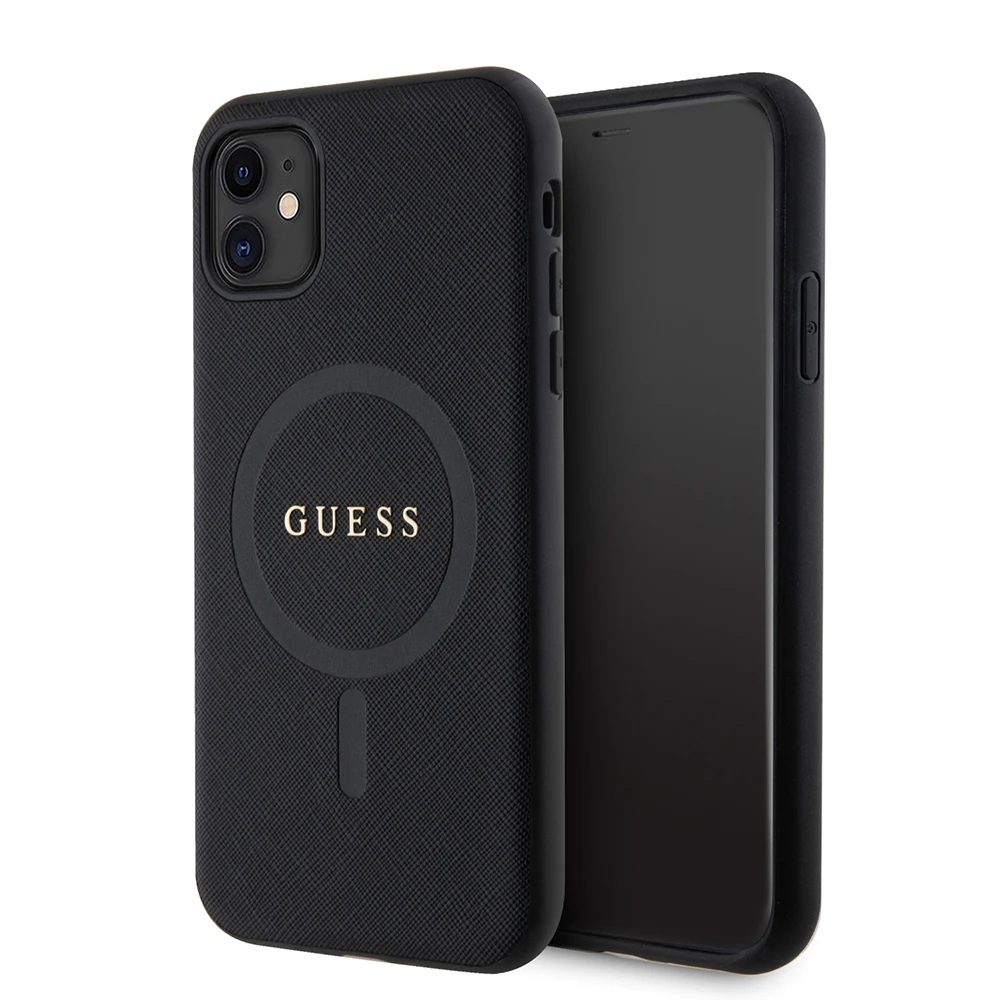 Apple iPhone 11 Kılıf Guess Orjinal Lisanslı M-safe Şarj Özellikli Yazı Logolu Saffiano Classic Kapak