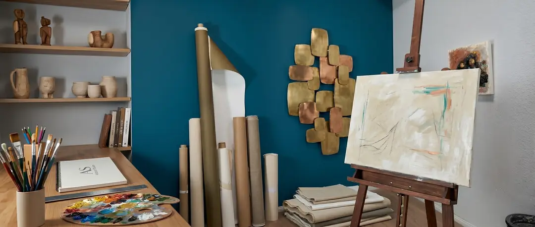 Modern sanat atölyesinde şövale, tuval bezi ve resim çalışma alanı