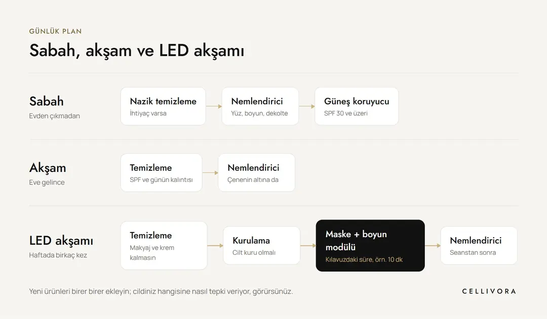 Günlük plan: sabah, akşam ve LED kullandığınız akşamlar için adım sırası.