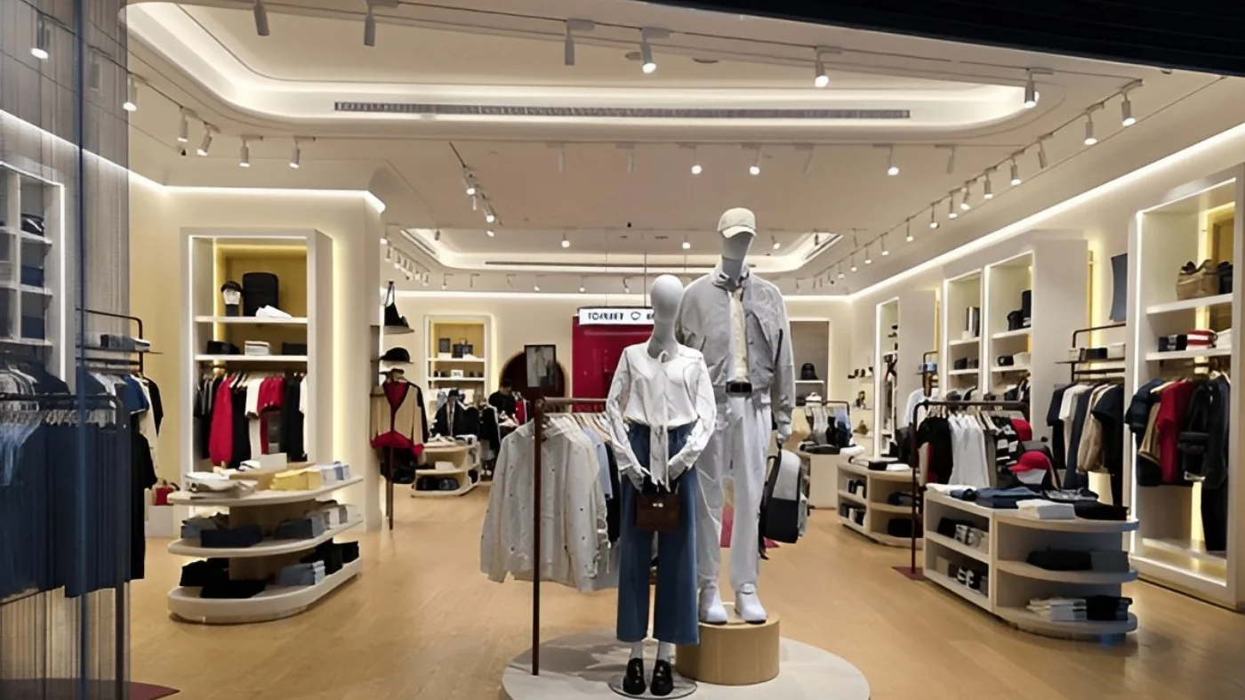 Ray spot armatürlerle aydınlatılmış mağaza ve vitrin teşhir alanı