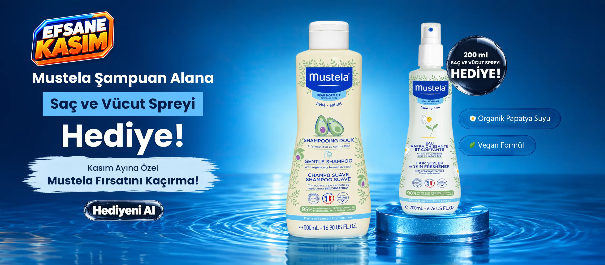Mustela Papatya Özlü Şampuan 500 ml alana Mustela Canlandırıcı Saç Spreyi 200 ml hediye!