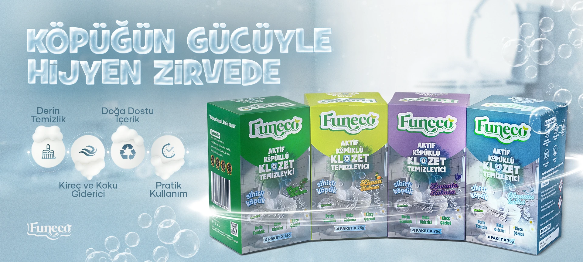 Funeco ile Temizlikte Yeni Bir Dönem Başlıyor! Klozet temizliği artık zahmetli değil, keyifli! Yoğun köpük etkisiyle gözle görülür temizlik sağlayan Funeco, kötü kokuları giderir, kireç ve sararmaları söker, banyonuza doğa dostu ferahlık getirir. 🌿 Bitkisel içerikli – 🫧 Şov etkili köpük – 🇹🇷 Yerli üretim Deneyen herkesin tekrar tercih ettiği Funeco ile tanışın!