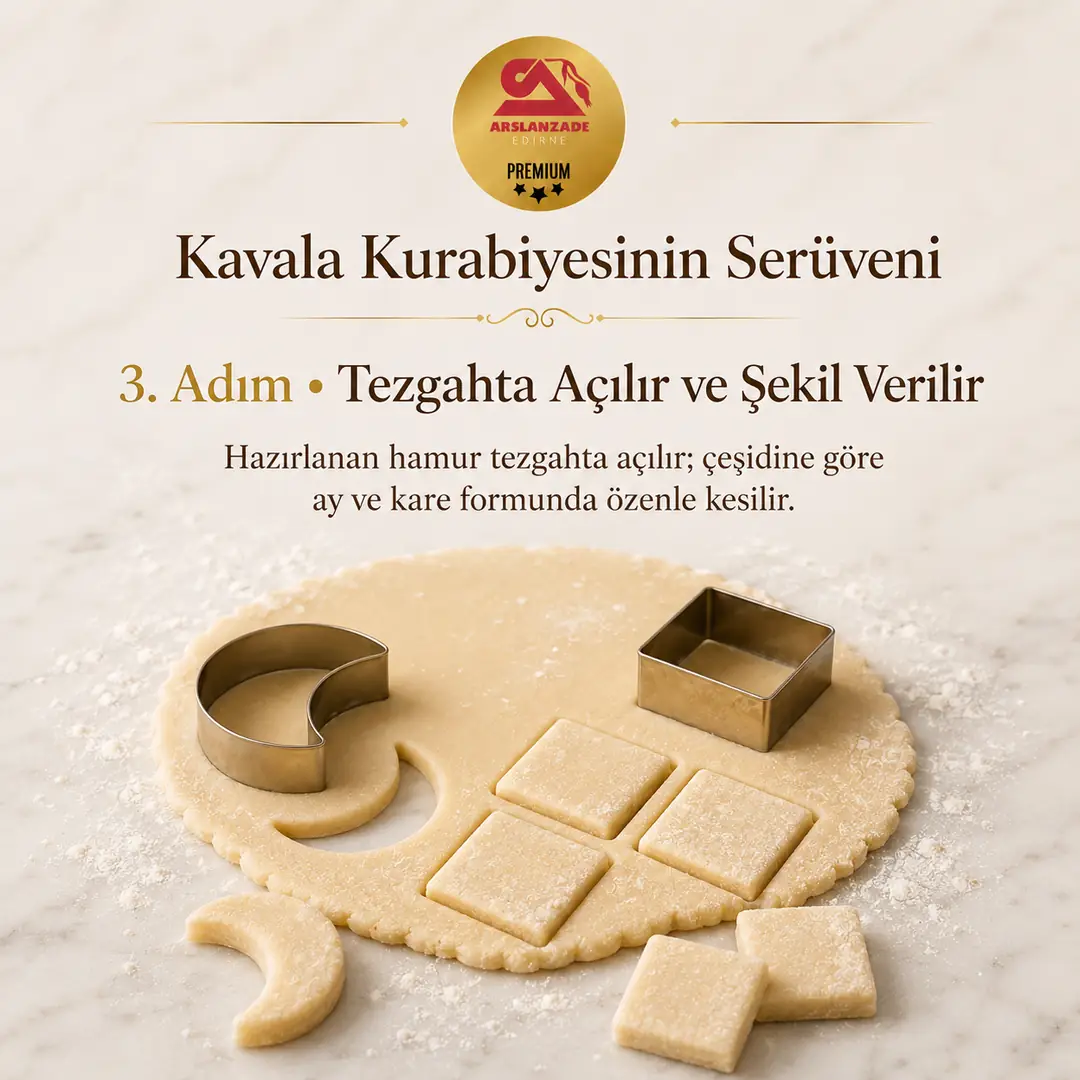 Kavala kurabiyesi üretimi 3. adım — hamurun tezgâhta açılıp şekil verilmesi