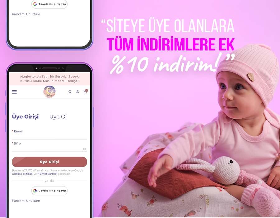 Bebek siteye üye olanlara %10 indirim yazısına bakıyor.