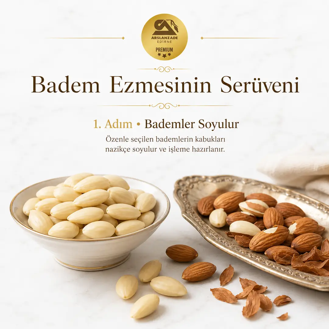 Badem ezmesi üretimi 1. adım — bademlerin soyulması