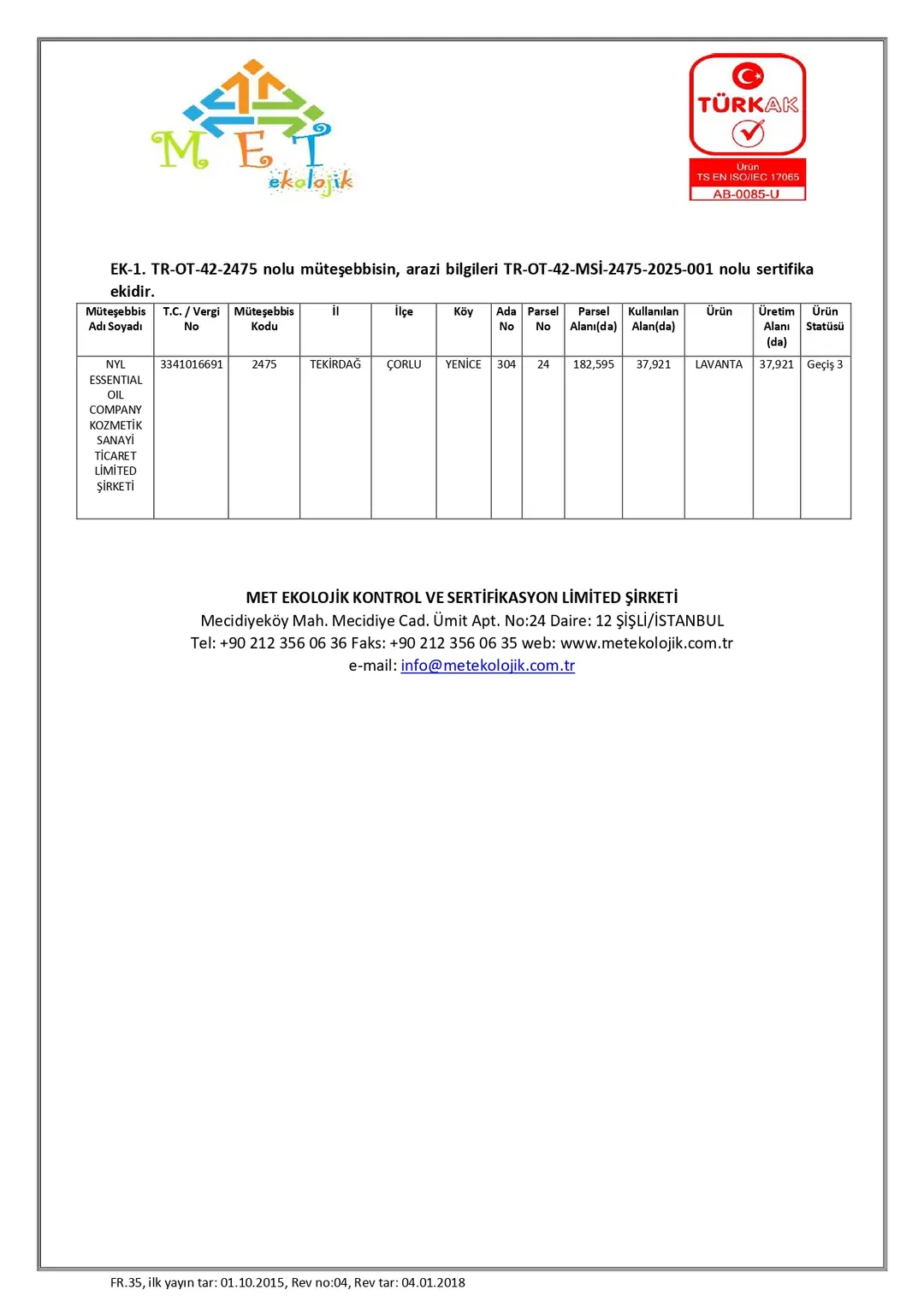 Organik Tarım Sertifikası Ek Belgesi