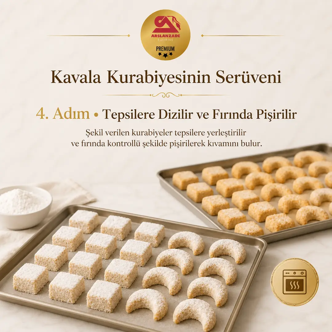 Kavala kurabiyesi üretimi 4. adım — tepsilere dizilip fırında pişirilmesi