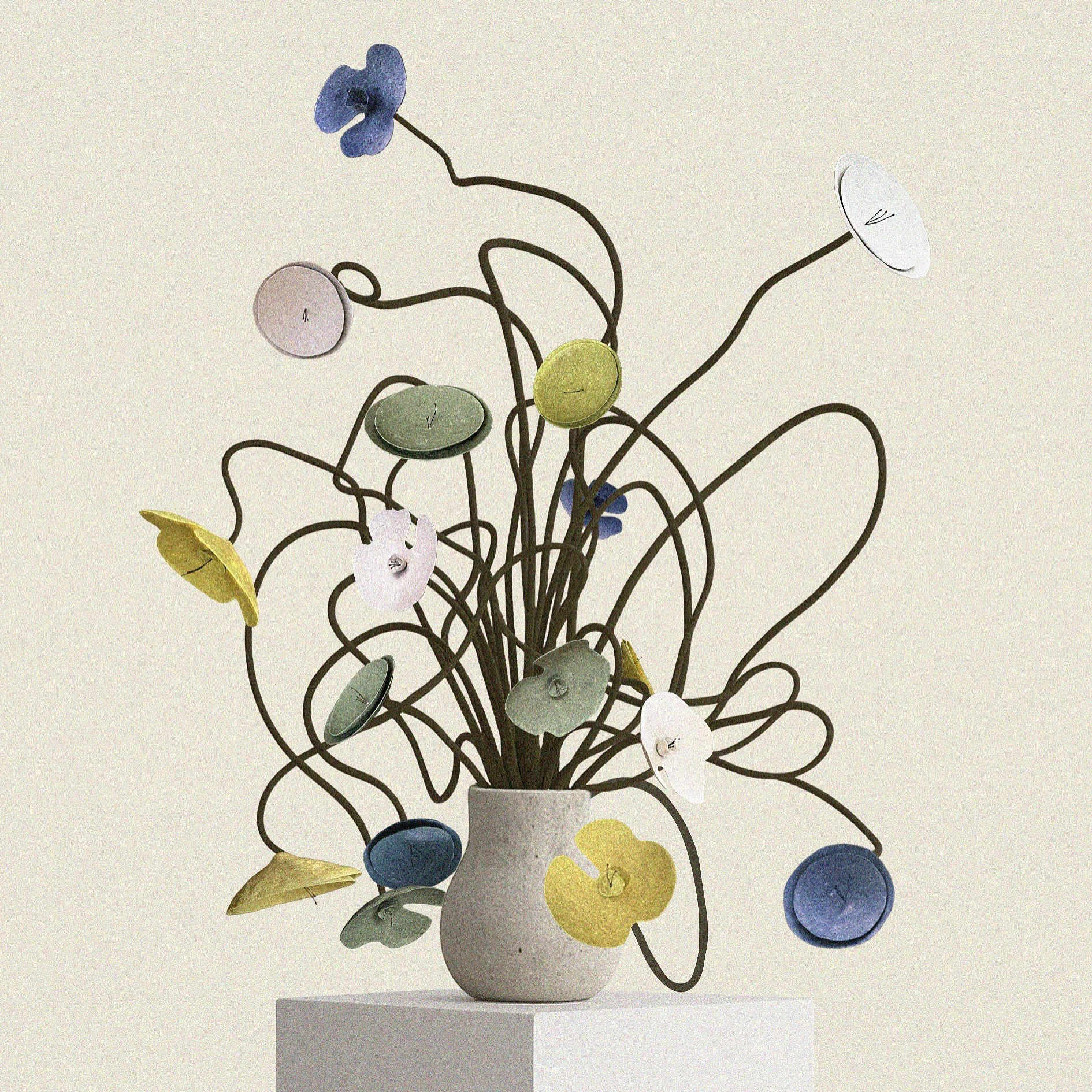 Geri dönüştürülmüş malzemelerden el yapımı, sanatsal upcycled çiçek aranjmanı, Studio Hamu.