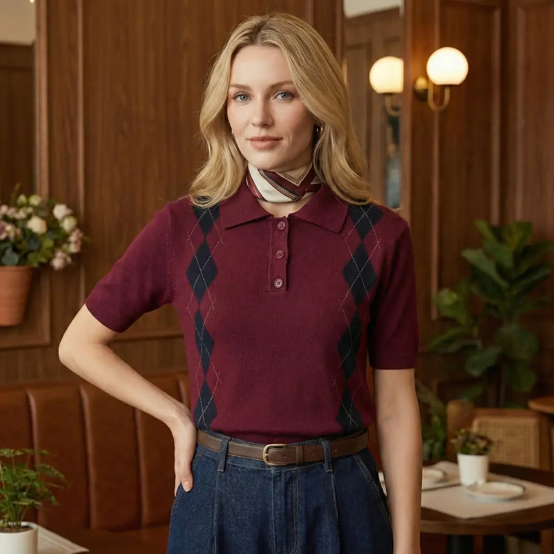 kadin-bordo-lacivert-baklava-desenli-polo-yaka-kisa-kollu-triko-kazak