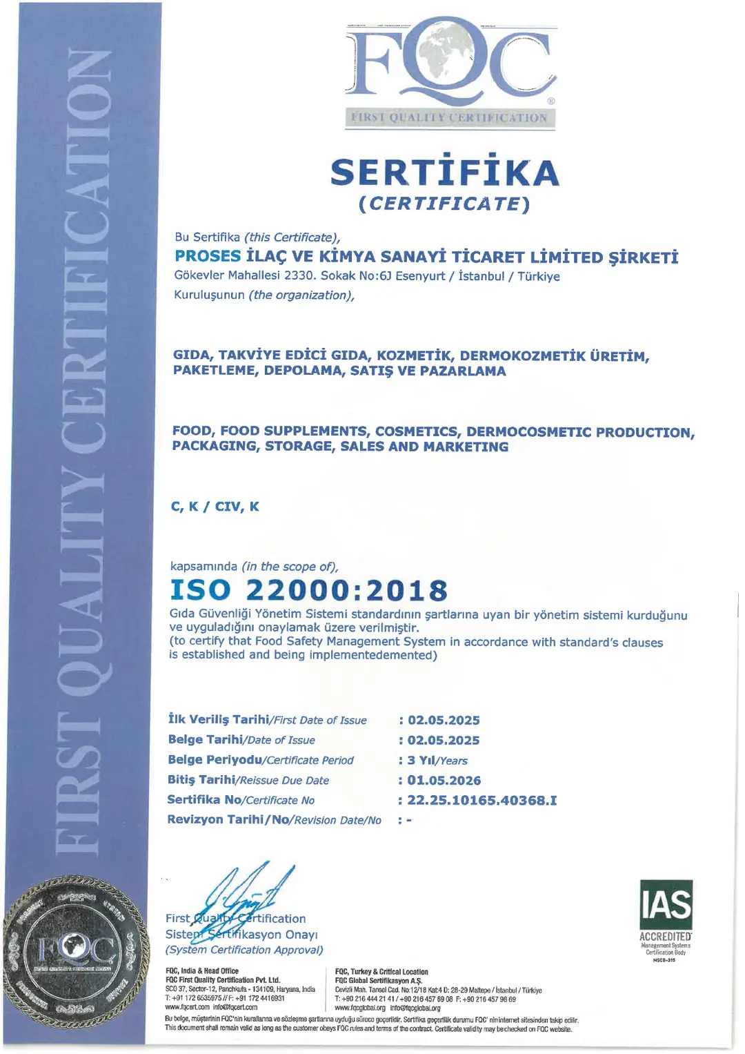 ISO 22000:2018 Sertifikası