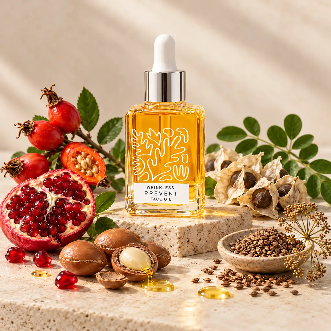 Wrinkless Prevent yüz yağı; nar, kuşburnu, argan, moringa ve havuç tohumu ile