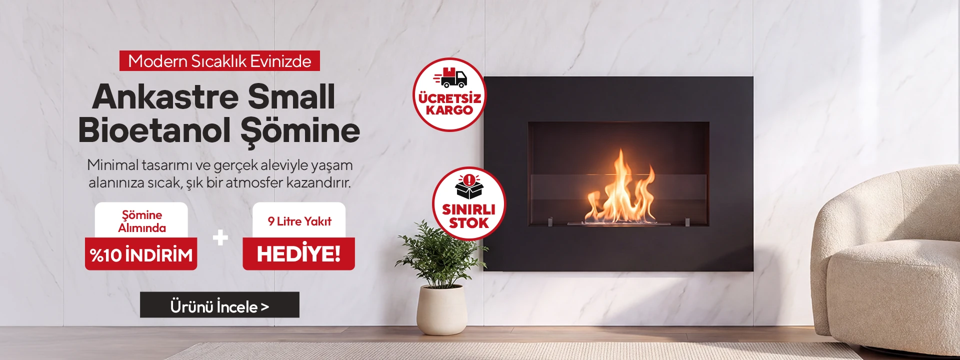 Ankastre Small Duvara Gömme Bioetanol Şömine