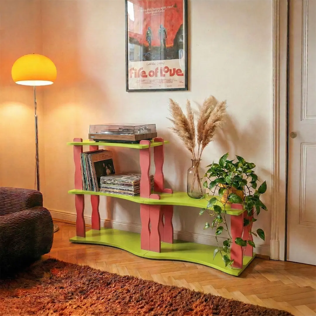 Dopamin Dekor Raf Dalgalı Modüler Kayın Ahşap Konsol V2 Fujifurn Kyo Pembe Yeşil