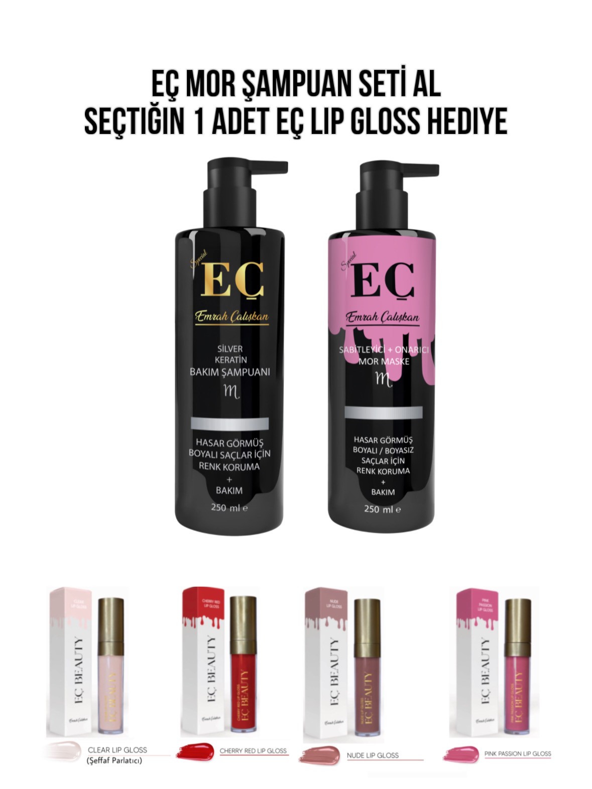 EÇ MOR ŞAMPUAN VE EÇ MOR MASKE (1 ADET SEÇTİĞİN EÇ LIP GLOSS HEDİYE)