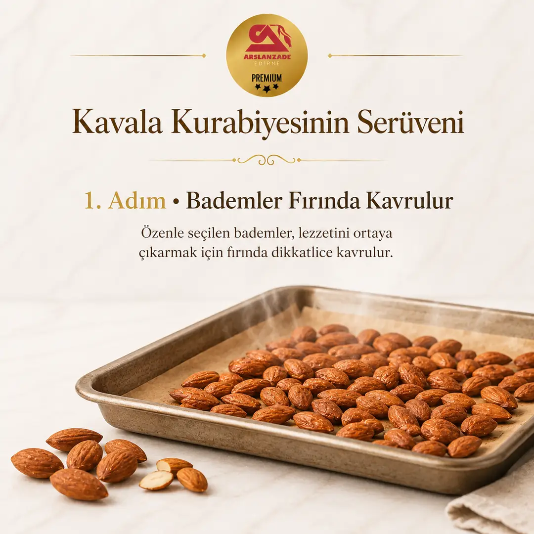 Kavala kurabiyesi üretimi 1. adım — bademlerin fırında kavrulması