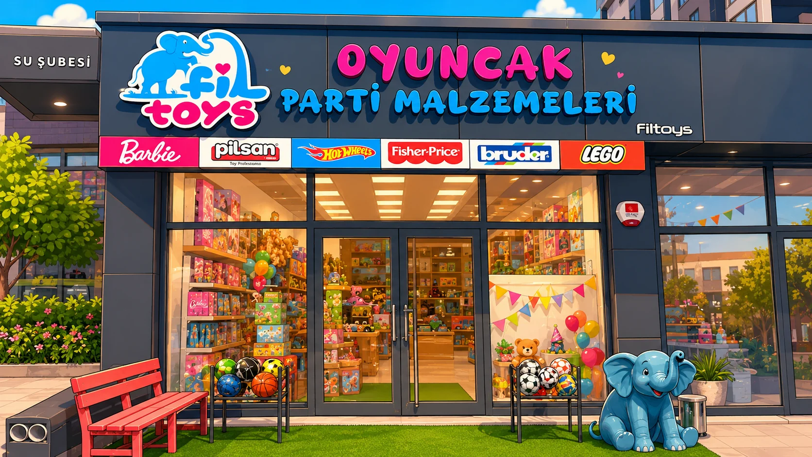 Fil Toys oyuncak ve parti malzemeleri mağazasının renkli dış görünümü