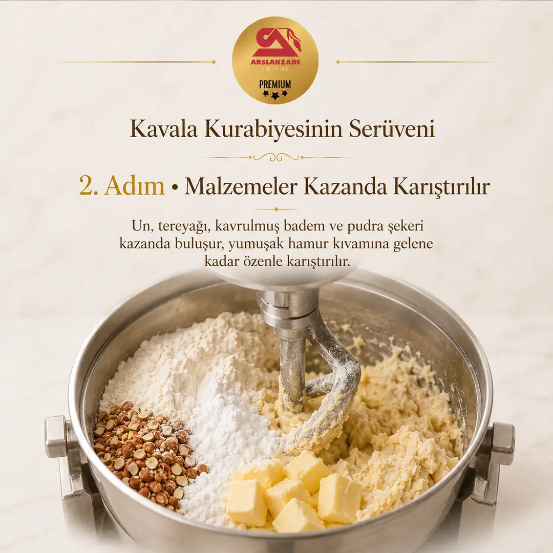 Kavala kurabiyesi üretimi 2. adım — malzemelerin kazanda karıştırılması