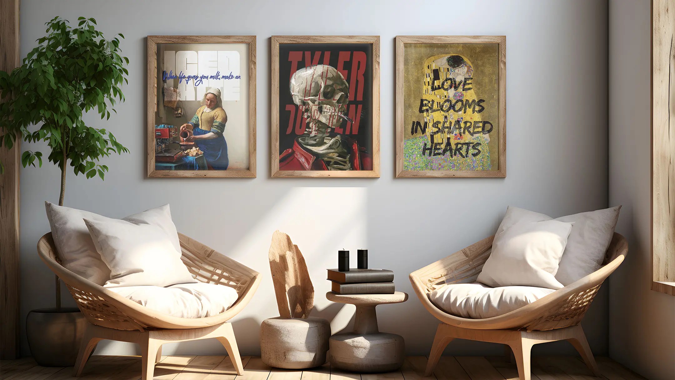Posterify klasik sanat posteri koleksiyonu: Vermeer, Klimt ve modern yorumlu iskelet illüstrasyonlarıyla zenginleştirilmiş 3’lü çerçeveli poster seti. Estetik ve sanatsal duvar dekorasyonu için ideal seçim.