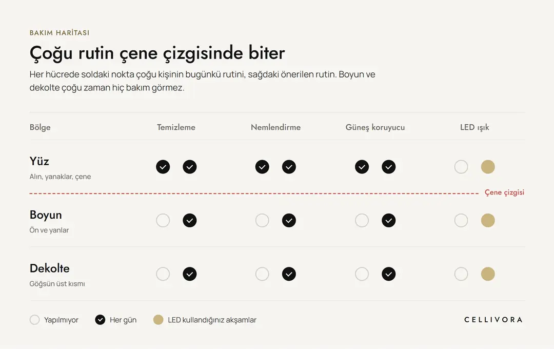 Bakım haritası: çoğu rutin yüzde biter; boyun ve dekolte temizleme, nem ve güneş koruyucudan pay almaz.