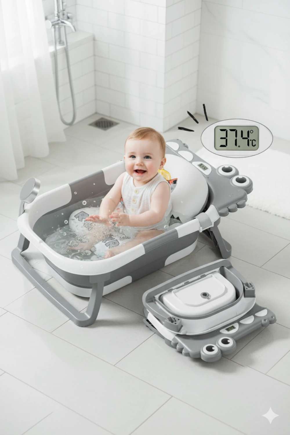 NPOL Tam Katlanır Termometreli Yeni Doğan Küveti – Yıkama Yastıklı, Avrupa Sertifikalı Bebek Küveti