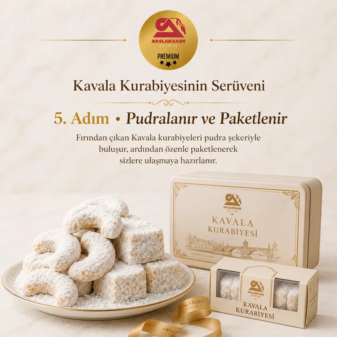 Kavala kurabiyesi üretimi 5. adım — pudralanması ve paketlenmesi