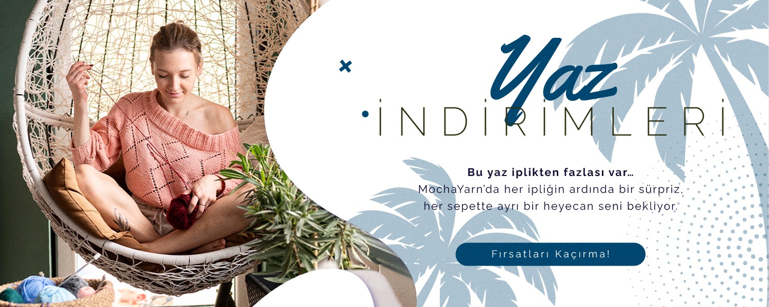 MochaYarn yaz indirimleri kampanya görseli – örgü ipliğiyle el işi yapan kadın, yaz temalı dekor ve tropikal detaylarla