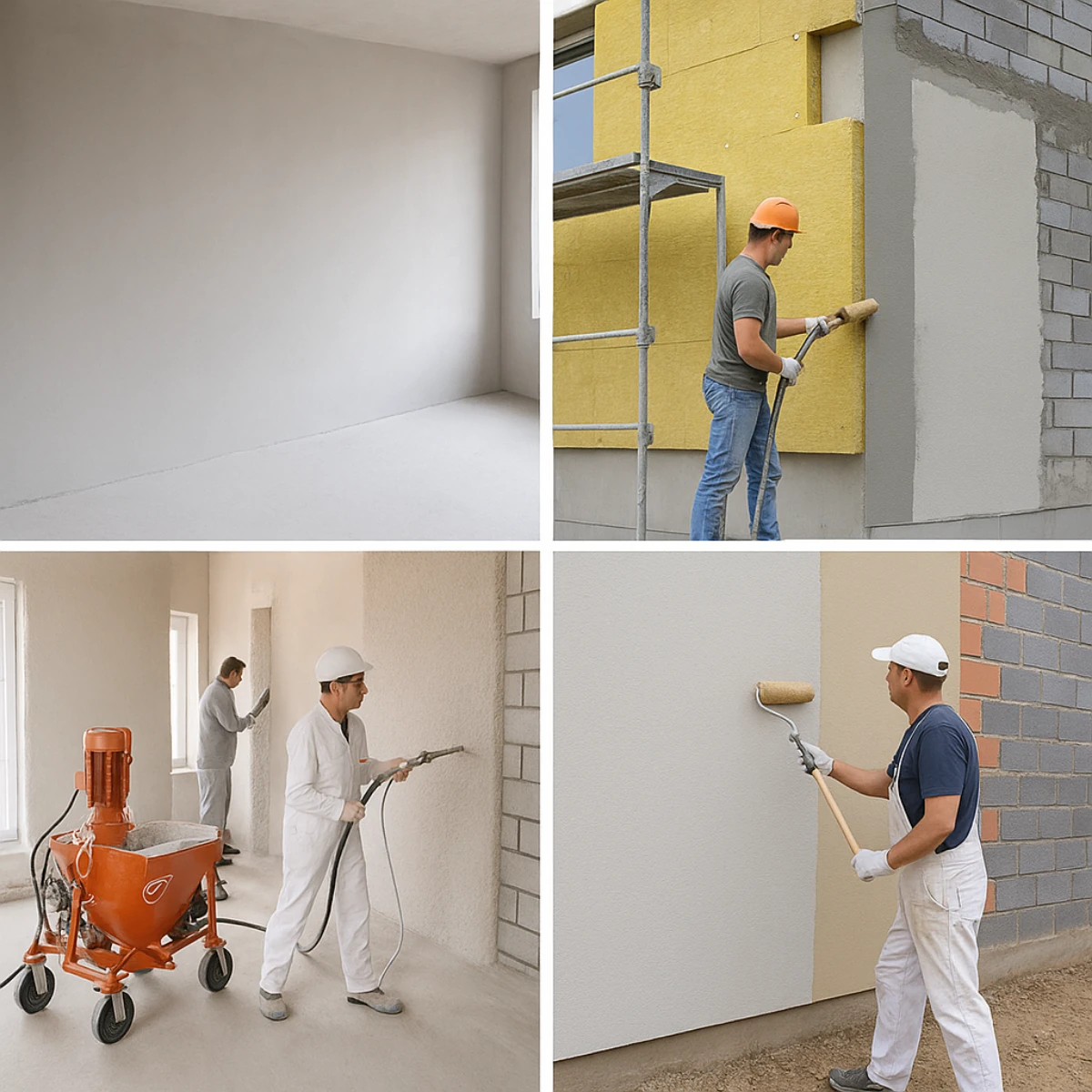Makinalı sıva, dış cephe mantolama, boya ve iç cephe alçı uygulamalarını gösteren görsel – Dek-Mar İnşaat iç ve dış cephe uygulamaları 2025