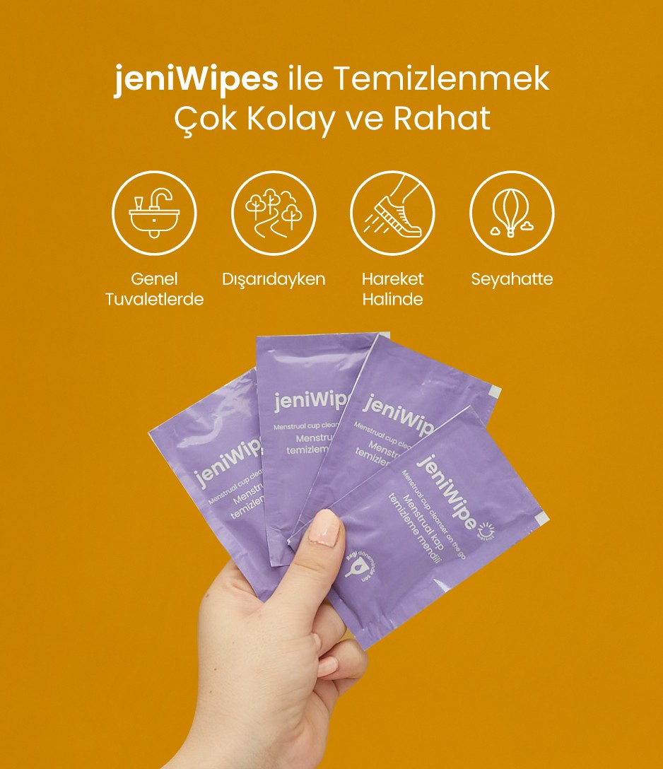 jeniWipes ile jeniCup'ı temizlemek çok kolay, genel tuvaletlerde, dışarıdayken, hareket halinde, seyahatte özgürce kulan