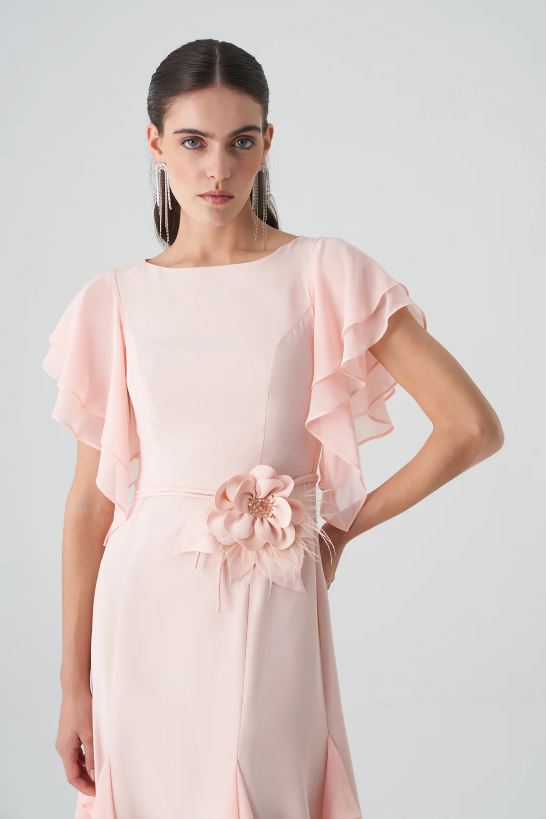 Şifon garnili krep abiye elbise EL-4394