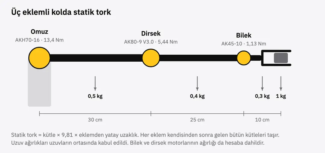 Üç eklemli robot kolunda kütleler, uzunluklar ve her eklemin statik torku