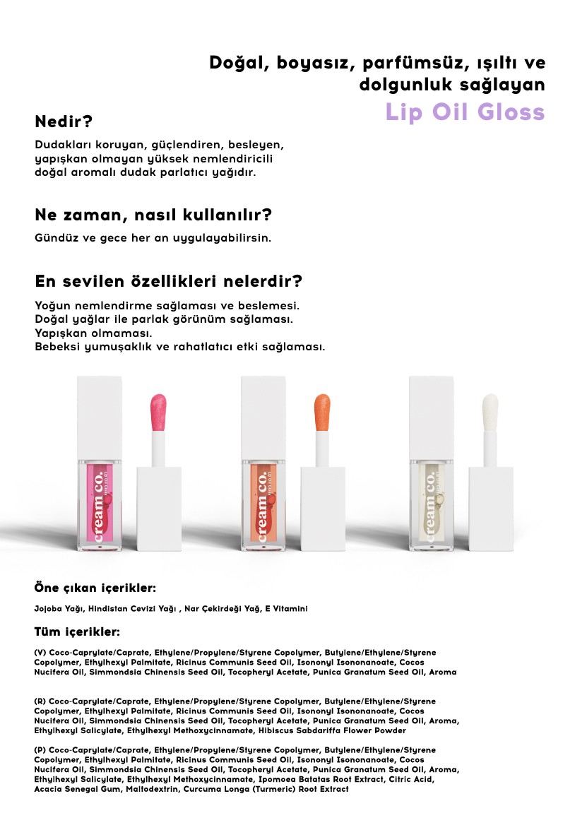 Cream Co. Lip Oil Gloss Dudak Parlatıcısı Nemlendirici Besleyici Dudak Bakım Yağı Çarkıfelek Aromalı