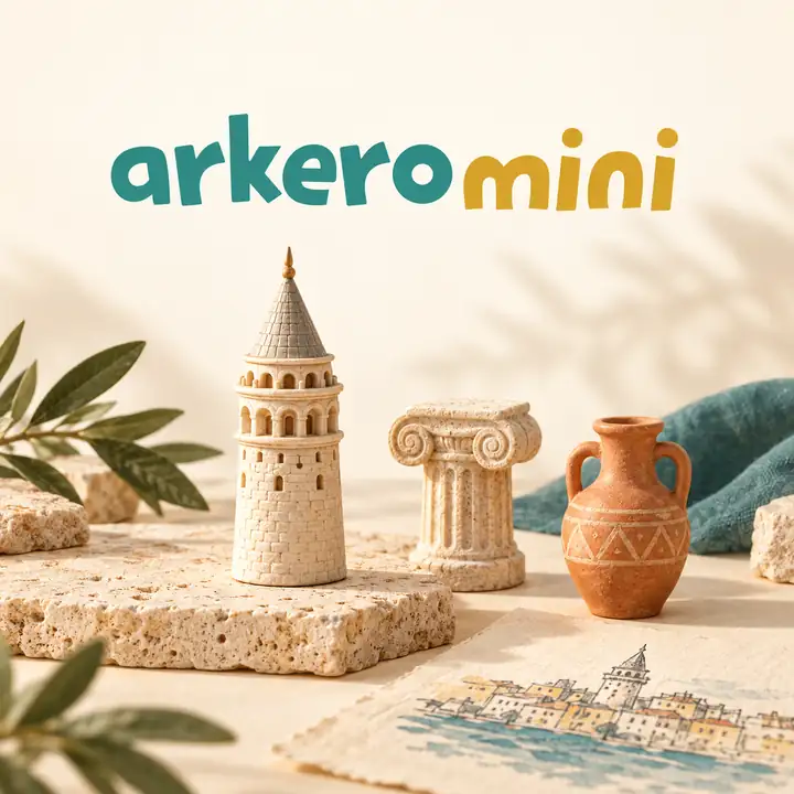 Arkero Mini marka görseli: Galata Kulesi, sütun başlığı ve amfora biçimleriyle kültürel hatıra dünyası