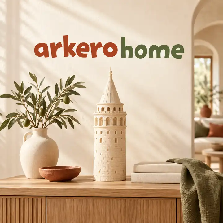 Arkero Home marka görseli: ahşap konsol üzerinde mimari obje, kitaplar ve zeytin dallarıyla sıcak bir yaşam alanı