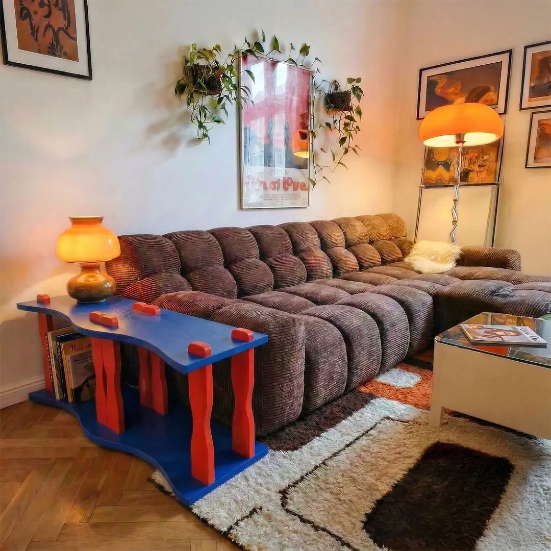 Dopamin Dekor Raf Dalgalı Modüler Kayın Ahşap Konsol V2 Fujifurn Kyo Kırmızı Lacivert