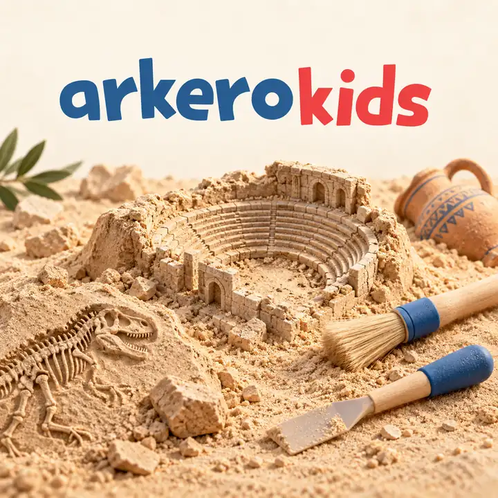 Arkero Kids marka görseli: kum üzerinde antik tiyatro, fosil figürü ve kazı araçlarıyla keşif dünyası