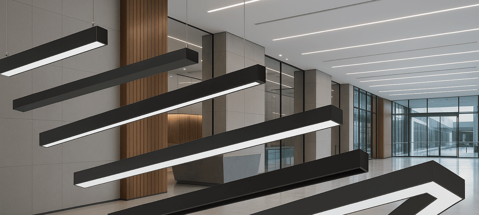 Pelsan lineer LED aydınlatma armatürleri modern ofis ve showroom iç mekân tasarımı. 