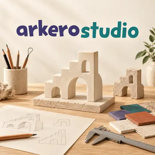 Arkero Studio tasarım yaklaşımını temsil eden konsept çalışma: mimari objeler, eskiz defteri ve malzeme örnekleri