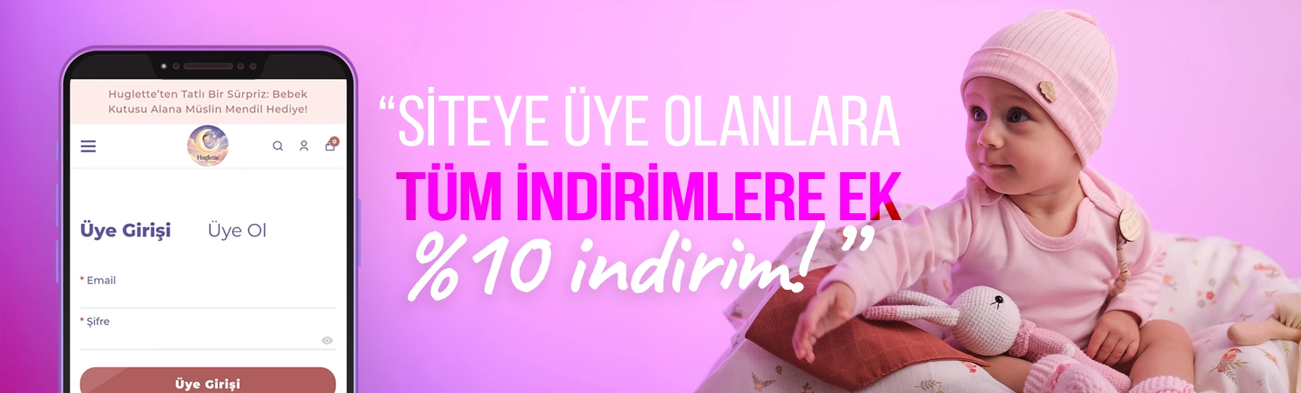 Bebek siteye üye olanlara %10 indirim yazısına bakıyor.