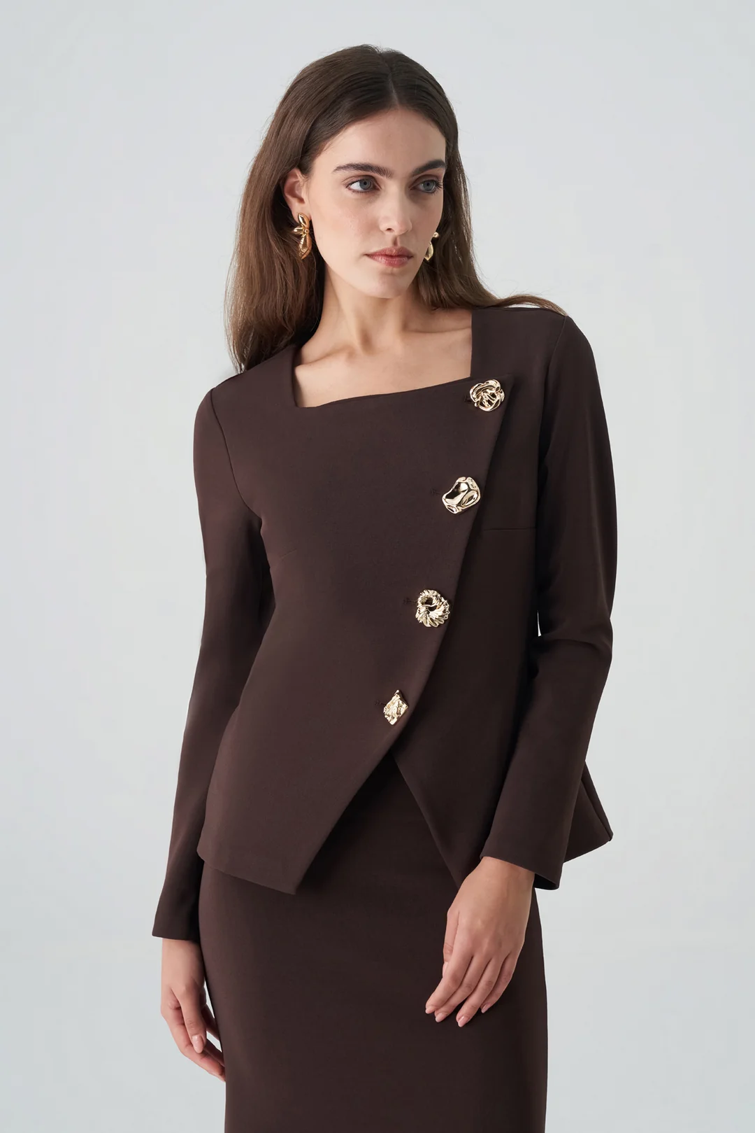 Kare yakalı asimetrik düğmeli triko takım EL-2734